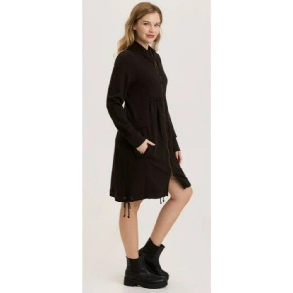 XCVI XS Fleece Funnel-Neck Zip Longcoat Black Knit Cotton Jacket Dress Casual